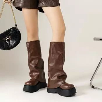 Spice girls big-headed pants boots stacking boots knight boots spring and autumn 2024 new thick-soled but knee-high shoes women 34 чёрный