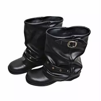 Spice Girls Pants Boots Women s Rivets Pleated Pile Boots Black Western Cowboy Boots Short Belt Buckle Martin Boots 35