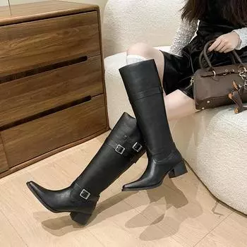 Spice girls pointed pile boots tall boots 2025 new European and American personality versatile knight western cowboy thick heel boots 35