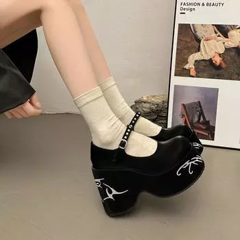 Spice Girls~ Вышитые туфли Мэри Джейн для женщин! Водонепроницаемая таблица Маленькие кожаные туфли юбка носит 7 см мокасины 35