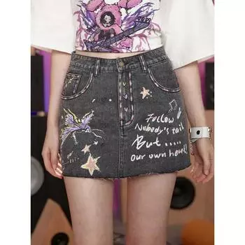 Spice Girls весна/лето уличная мода джинсовая короткая юбка с граффити американский мультяшный принт трапециевидные юбки до середины тела с запахом на бедрах S серый