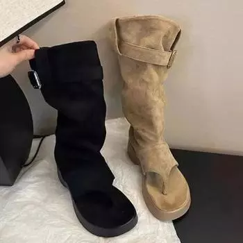 Spicy Girl Хаки Черный Имитация Оленьей Кожи Круглый Носок Платформа Ремень Пряжка Повседневные Полусапожки Ботинки Женские Летние Туфли 35