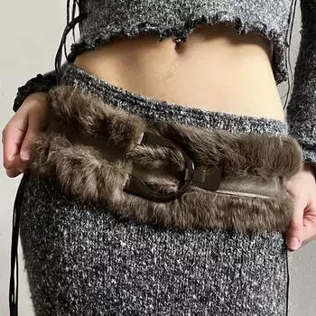 Spicy Girl Plush Belt PU Leather Y2K Belt Simple Leather Fur Belt Dress Decoration кофейный