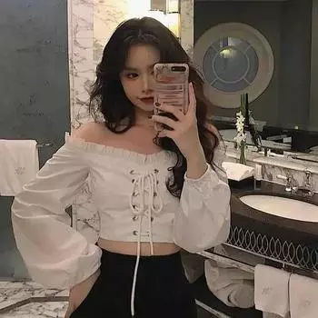 Spicy Girl, сладкий и пряный, французский, ключичный, с высокой талией, открытым пупком, на одно плечо, с длинными рукавами, короткий, облегающий, с открытыми плечами, трикотажный белый топ One Size