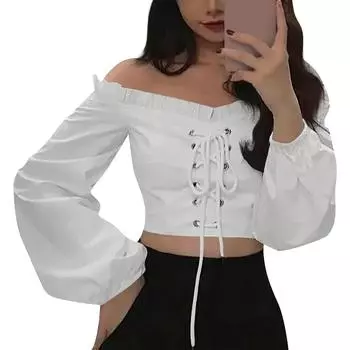 Spicy Girl, сладкий и пряный, французский, ключичный, с высокой талией, открытым пупком, на одно плечо, с длинными рукавами, короткий, облегающий, с открытыми плечами, трикотажный белый топ One Size