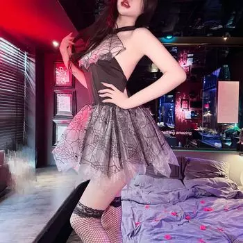 Паутинка на шее халтер клубный сексуальный малышки супер короткое большое маятниковое пушистое маленькое черное платье платье слим талией женщины one size fits all