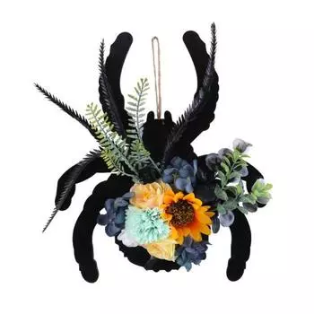 Spider Wreath Wooden Black Spider Wreath with Artificial Flowers Front Door Hanging Decoration for Floral Arrangement Halloween Wall Window Decor 1pc