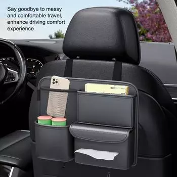 Спинка автомобильного сиденья с сумкой для хранения, крючок для подголовника, кожаное крепление, чашка из искусственной ткани