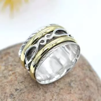 Spinner Silver-Spinner Ring, Solid 925 Sterling Silver Two Tone Meditation Fidget Handmade Silver Brass Meditation Spinner Gift Ring 7