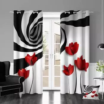 Spiral Circle Red Flower Abstract Window Curtains Blinds For Living Room Kid Bedroom Bathroom Kicthen Office Door Home Decor2Pcs W65X60H(cm)X2Pcs&Hook