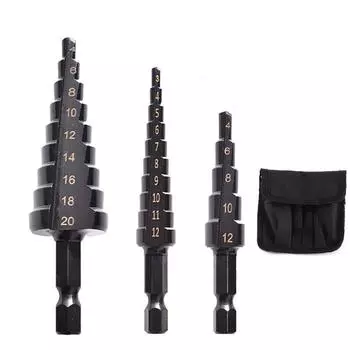 Spiral Groove Step Drill Black 3-piece Set Small 3-piece Straight Groove Triangular Handle Nitrided Pagoda Drill Step Drill Drilling Straight groove 3-piece cloth bag