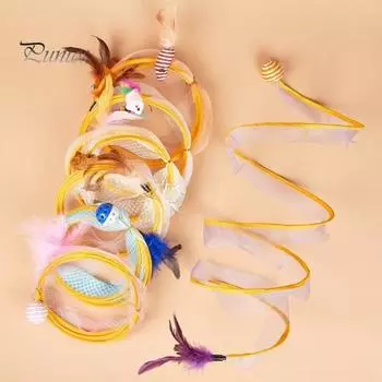 Спиральный туннель для охоты на кошек, игрушка для самостоятельной игры, S-образный складной туннель для кошек с кисточками, колокольчиками и пушистыми шариками, домашние игрушки для исследования и активности A