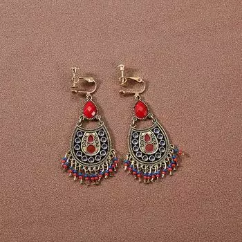 Spiral Painless Ear Clip Female Ethnic Style Retro Long Tassel Eardrops Bohemia Earrings without Piercing Ear Rings E006-Ear clip