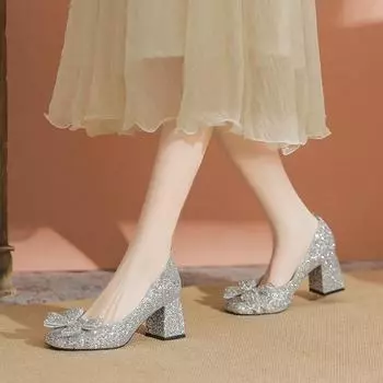 Список женских туфель на высоком каблуке с блестками и кристаллами 2025 года с бантом и свадебными украшениями 35 серебряный