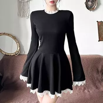 Сплайс кружевное мини-платье для женщин с высокой талией, узкие элегантные платья, женское свадебное ретро-платье, темпераментная женская одежда, новинка S чёрный