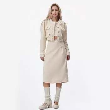 Сплайсированный топ с круглым вырезом, однотонная юбка А-силуэта, комплект из двух частей M абрикосовый