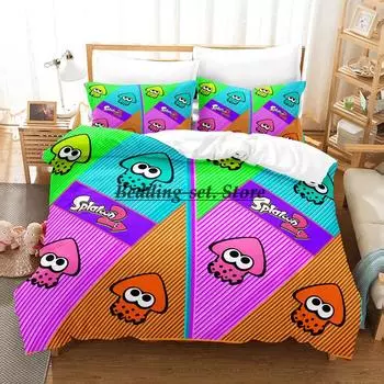 Splatoon 3 Inkling Squid Комплект постельного белья Single Twin Full Queen King Size Комплект постельного белья Aldult Kid Bedroom Комплект пододеяльников Комплект постельного белья AU Single(140x210cm)