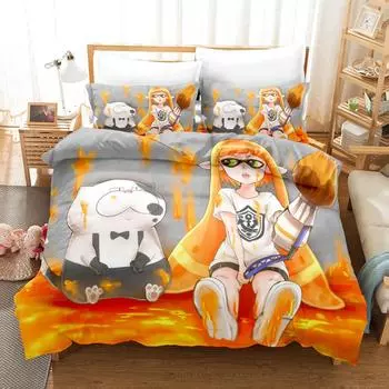 Splatoon Bedding Set Single Twin Full Queen King Size Kawaii Boys/girls Bed Set Aldult Boys Bedroom Duvetcover Sets 3D Print 011 EU single(135x200cm)