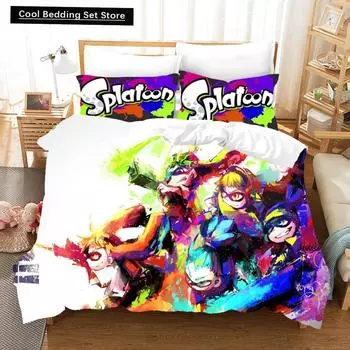 Комплект постельного белья Splatoon Односпальный Полуторный Двуспальный Кинг-сайз Каваий Комплект постельного белья для мальчиков/девочек Взрослый Комплекты пододеяльников для спальни мальчиков 3D-принт EU single(135x200cm)