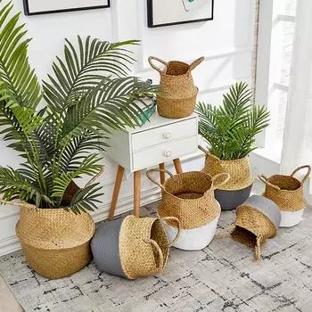 Сплетенная вручную скандинавская цветочная корзина из трав Сплетенная вручную корзина для украшения цветочного горшка для дома и гостиной Корзина из ротанга