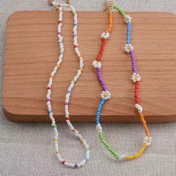 Сплетенное вручную двухслойное ожерелье из цветных рисовых бусин в форме цветка, увеличенные богемные бусины, сложенные на ключицу