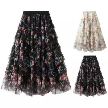 Splicing Colorful Flower Mesh Skirt, Women s Spring French Court Cake Skirt One Size бежевый