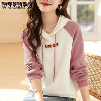 Splicing Hoodie Женская повседневная свободная осенняя толстовка с капюшоном в стиле минимализма с капюшоном Куртка с капюшоном M розовый