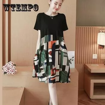 Splicing Vintage M-XXXXXL Летнее платье трапециевидной формы из полиэстера с короткими рукавами длиной до колена XXXXXL чёрный