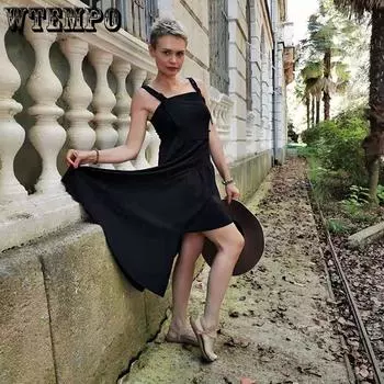 Черное платье с разрезом и нестандартной талией, сексуальное женское летнее платье с рукавами-слиперами и открытой спиной для ночного клуба, вечеринки, облегающее платье-хипстер с регулируемым плечевым ремнем L чёрный