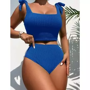 Сплит купальник, консервативный купальник чистого цвета с высокой талией S