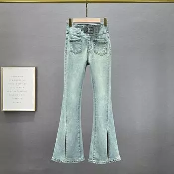 Split Stretch High Waist Silm Slim Looking European Goods Bell-Bottom Pants Blue S