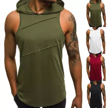 Сплошная цветная футболка с капюшоном, мужская плиссированная футболка без рукавов с жилетом M красный