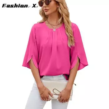 Сплошная цветная футболка с круглым вырезом, свободная шифоновая рубашка с пятью минутами и короткими рукавами, топы женские S чёрный