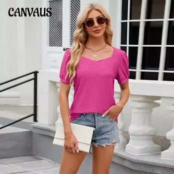 Сплошная цветная футболка с квадратным вырезом и пузырьковым рукавом, свободная футболка с короткими рукавами, топ для женщин S
