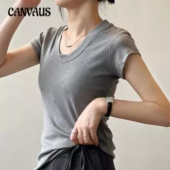 Сплошная цветная футболка женская, лето 2024, простая тонкая эластичная рубашка с U-образным вырезом, топы M белый