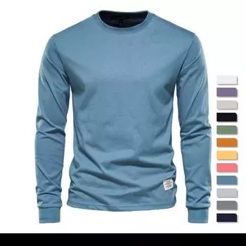 Сплошная цветная хлопковая футболка, мужская повседневная мужская футболка с круглым вырезом и длинными рукавами, новая осенняя красочная футболка высокого качества для мужчин S 50-60 kg фиолетовый
