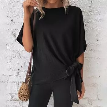 Сплошная цветная летняя футболка с круглым вырезом и рукавами «летучая мышь», свободные женские топы с завязками на подол XL чёрный