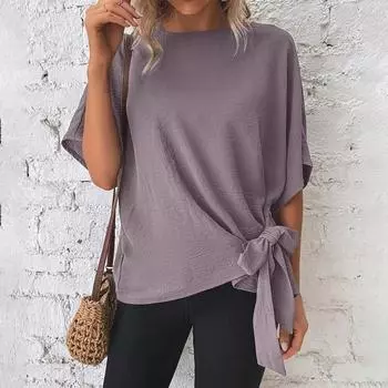 Сплошная цветная летняя футболка с круглым вырезом и рукавами «летучая мышь», свободные женские топы с завязками на подол XL чёрный