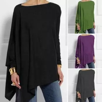 Сплошная цветная осенняя футболка с круглым вырезом и длинными рукавами, женская повседневная пуловер средней длины с неровным подолом, уличная одежда XL зелёный