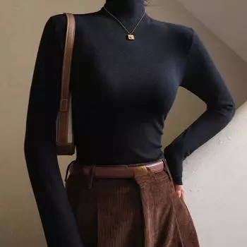 Сплошная цветная рубашка с высоким воротом и резьбой внизу и базовая облегающая футболка с длинными рукавами, топ для осенней и зимней женской одежды S белый