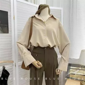 Сплошная цветная рубашка, женская рубашка Morandi с длинными рукавами, универсальные простые рубашки, свободная рубашка на пуговицах с верхом из шифона в стиле ретро в стиле ретро S зелёный