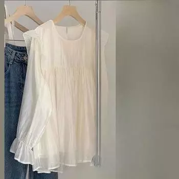 Сплошная цветная шифоновая рубашка с рюшами, весна-лето, французская женская блузка с длинными рукавами, свободная женская блузка с тонким круглым вырезом onesize