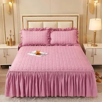 Сплошная цветная стеганая простыня из полиэстера, юбка-кровать, покрывало двойного назначения, простой комплект в стиле принцессы, нескользящий пыленепроницаемый наматрасник 1pc 90x200cm