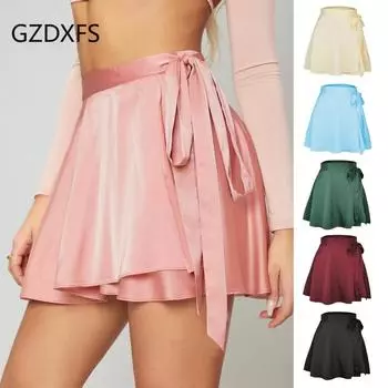 Сплошная цветная юбка с высокой талией, модная цельная короткая юбка на шнуровке, шифоновая атласная юбка с запахом S чёрный