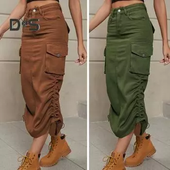 Сплошная цветная женская модная юбка с высокой талией, не выцветающая женская уличная одежда, длинная юбка M коричневый