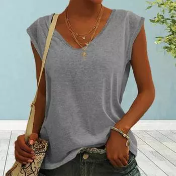 Сплошная летняя футболка с v-образным вырезом, свободный женский топ, износостойкий, удобный S серый