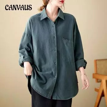 Сплошная рубашка с длинными рукавами и лацканами, куртка больших размеров, женская свободная весенне-осенняя литературная рубашка с большими карманами Tide