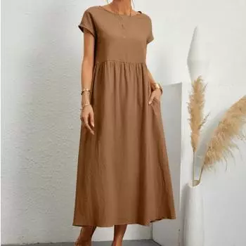 Сплошная юбка без рукавов, свободное хлопковое льняное платье, платье со вставками и карманами XXL белый