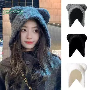 Сплошная вязаная шапка на шнуровке-ушанка, эластичная ветрозащитная мягкая зимняя шапка без полей с кошачьими ушками, модные аксессуары чёрный