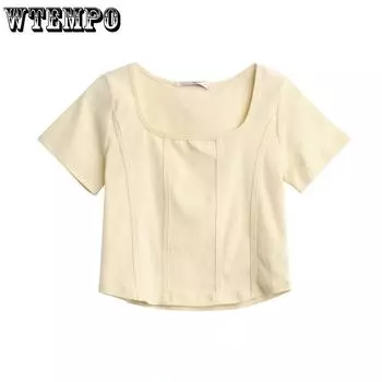 Сплошная женская футболка с квадратным вырезом и короткими рукавами и летний нишевый топ Design Sense S абрикосовый